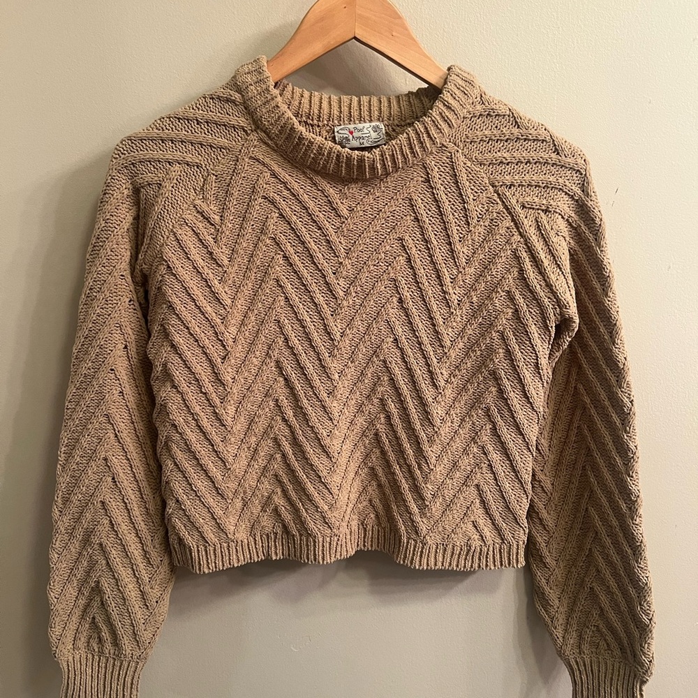Poof! Tan Crew Neck Cropped Sweater with Chevron Knit Pattern